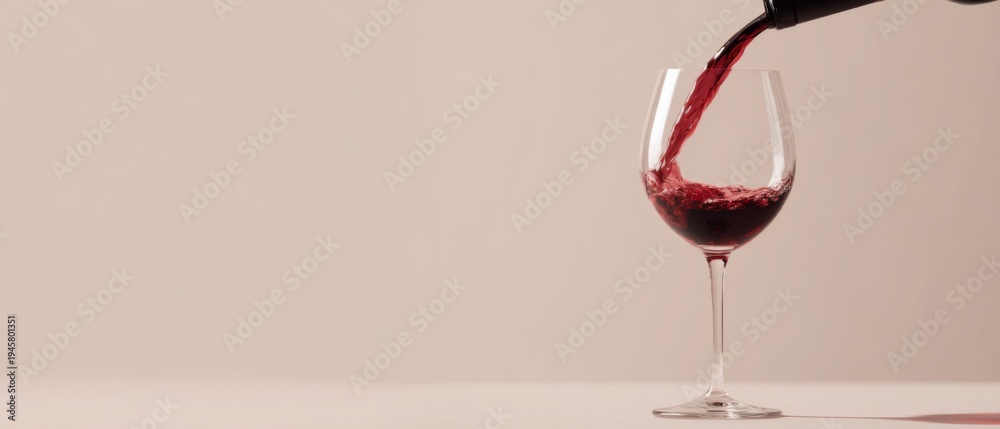 Obraz premium Red wine pouring into glass isolated on beige background elegant drink concept