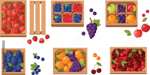 Fresh Fruits in Wooden Crates Collection Featuring Strawberries, Blueberries, Grapes, Oranges, Cherries, and Apples for Organic Market and Food Design
