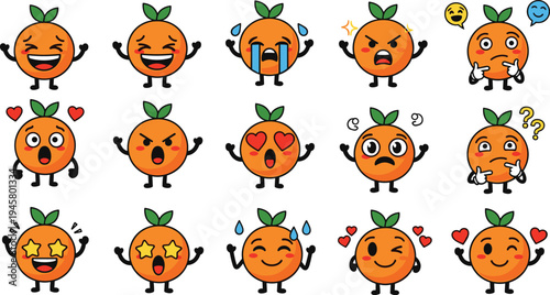 Cute orange fruit mascot emoji set with different emotions expressions cartoon citrus character collection isolated on white background vector illustration