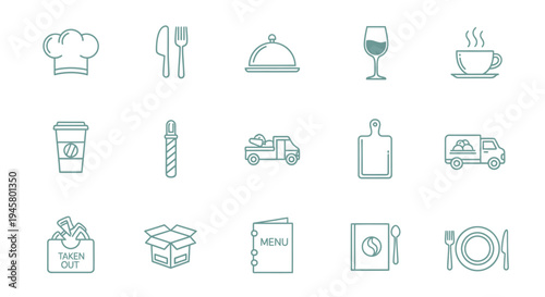 Aesthetic Culinary and Delivery Icons: Chef Hat, Cutlery, Food Platter, Drink, Coffee Cup