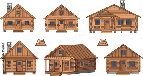 Wooden Log Cabin House Collection Featuring Rustic Timber Homes, Countryside Cottages, and Forest Cabins for Architecture, Travel, and Nature Design