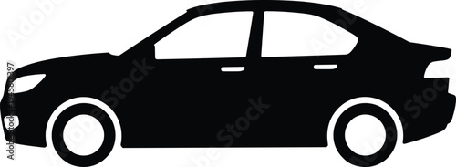 Black Sedan Car Silhouette Icon Side View Isolated on White Background for Automotive Transportation and Vehicle Rental Branding