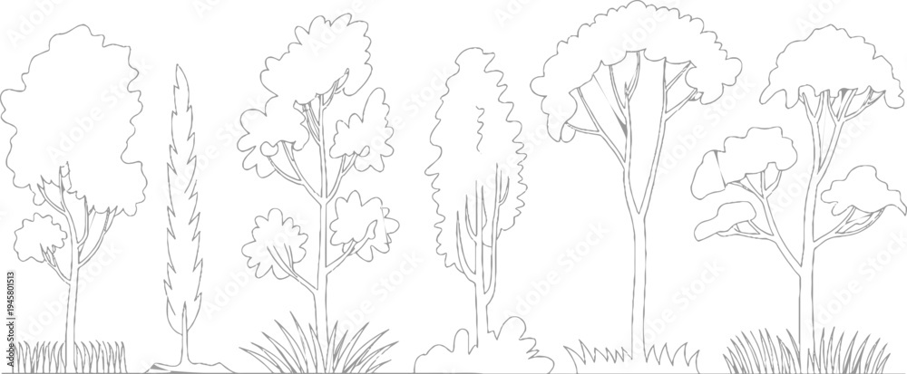 Fototapeta premium Six different trees and grass rendered in simple grey outline style foliage