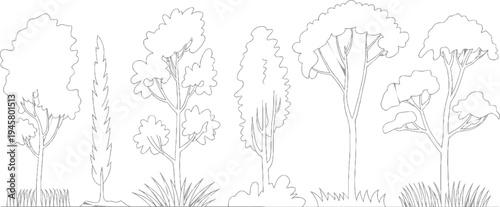 Six different trees and grass rendered in simple grey outline style foliage