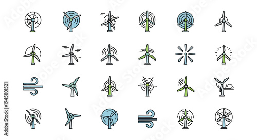Aesthetic Vector Illustrations of Wind Turbines in a Variety of Designs