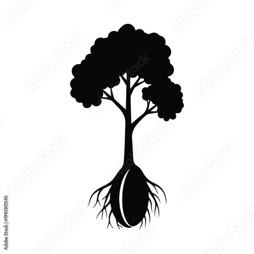 Stylized tree with roots and a large seed or bulb, silhouette, black and white, new life, root system