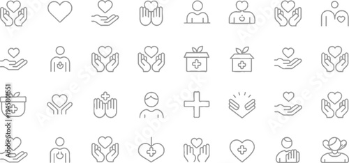 Collection of line depicting hands holding hearts medical symbols and people figures care love