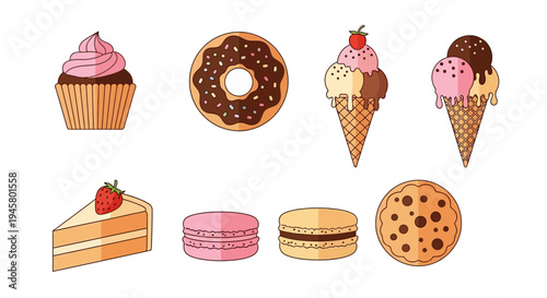 Assortment of Delicious Baked Goods and Desserts Illustration in Vector Style
