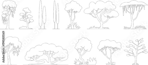 Collection of diverse outline trees and cypress trees with grassy bases plant nature