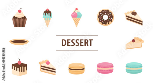 Assortment of Sweet Treats: Cupcakes, Ice Cream, Cake Slices, Macarons, and Donuts