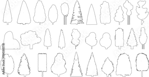 Collection of diverse tree outlines in black and white. Various shapes and sizes of trees are depicted as simple line