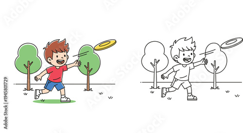 Cute cartoon boy playing with flying disc in the park. Color and black and white outline vector illustration for coloring book page.