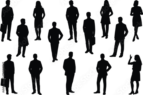 Business people silhouette collection in various standing poses isolated on white background, corporate men and women set for office, presentation, branding, marketing, and design