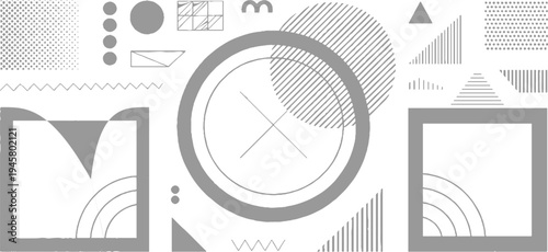 Collection of grey geometric shapes and patterns on white background