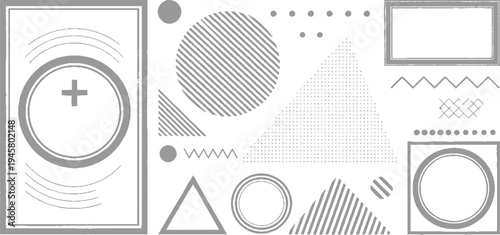 Geometric shapes and patterns in grey and white with a plus sign in a circle