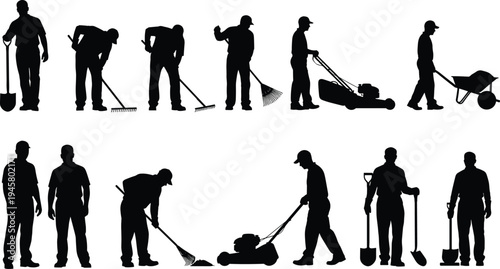 Gardeners and landscaping workers silhouettes using rake shovel lawn mower and wheelbarrow for outdoor maintenance illustration set