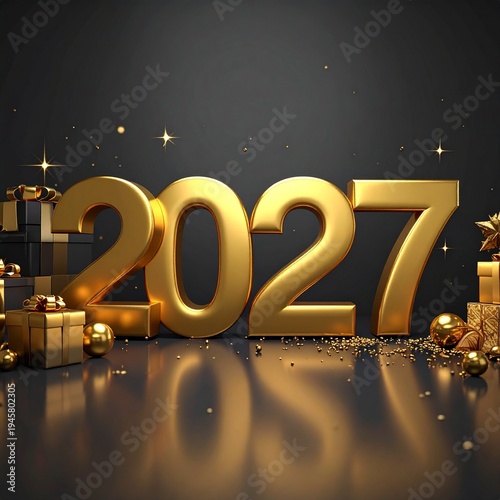 Gold Year 2027 Celebration with Glitter and Gift Boxes on a Reflective Surface for festive and celebratory themes.