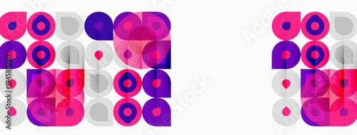 Abstract geometric pattern. Circles, squares overlap creating vibrant visual effect. Pink, purple hues dominate white background.