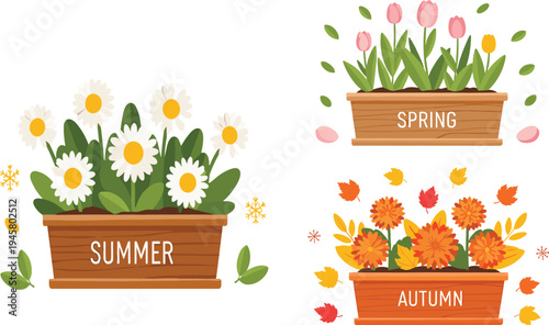 Seasonal Flower Pot Illustration Set Featuring Spring Tulips, Summer Daisies, and Autumn Leaves Floral Plants for Nature, Gardening, and Botanical Design Projects.
