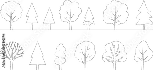 Collection of stylized line trees in various shapes and sizes nature forest woodland