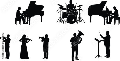 Musicians silhouettes playing piano drums trumpet violin and orchestra conductor performing classical music illustration set