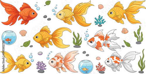 Goldfish Cartoon Vector Set with Different Aquarium Fish Poses Including Fancy Goldfish Swimming with Bubbles Coral Plants and Fishbowl Elements