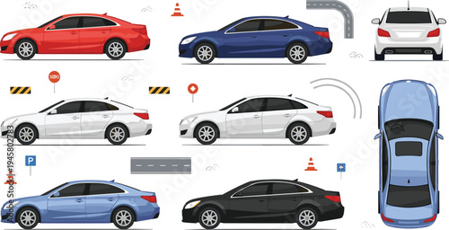 Modern Sedan Car Vector Set with Multiple Angles Including Front Rear Side and Top Views with Road Elements Traffic Cones Parking and Driving Icons