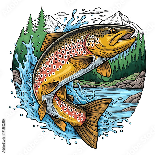 Brown trout jumping out of water with mountain and forest background vintage vector illustration