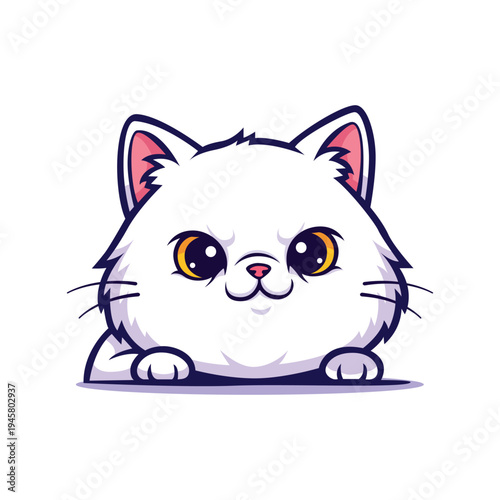 Cartoon Style Illustration of Adorable Fluffy White Cat Head with Paws