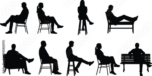 People sitting on chairs silhouettes in relaxed poses showing everyday lifestyle posture illustration set
