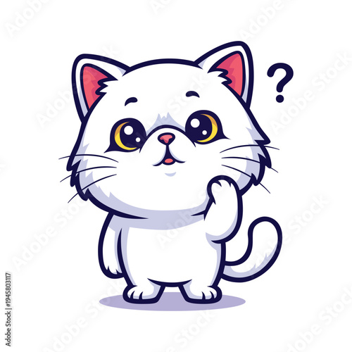 Cartoon Style Cute Pondering Cat Character with Question Mark Illustration