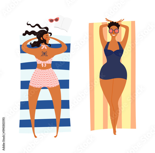 Beautiful women in swimsuits, sunbathing on beach towels, illustration isolated set. Summer holidays, resort, beach. Flat design element, cartoon character clip art collection, hand drawn vector