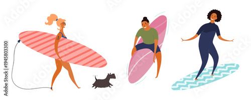 Beautiful woman, men surfers, surfboards, running dog on beach, illustration isolated set. Summer holidays, resort. Flat design element, cartoon character collection, hand drawn vector clip art