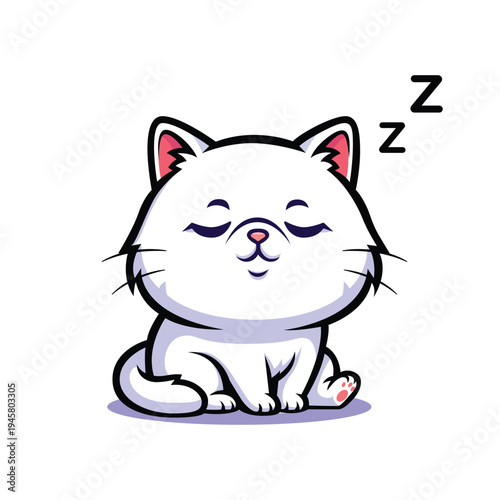 Cute Cartoon Sleeping White Cat Illustration with Black Outline Design