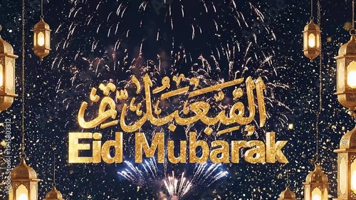 Eid Mubarak celebration with Arabic calligraphy and lanterns on a night background with fireworks