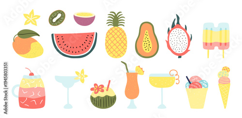 Tropical fruit, cocktail, ice cream, illustration isolated set. Seasonal food, drink, snack, summer holidays, vacations, tropical resort. Flat design element, clip art collection hand drawn vector