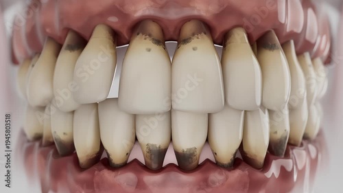 3d medical animation illustrating the advanced stage of gum disease where periodontitis causes gum recession, bone loss, and loose damaged teeth.