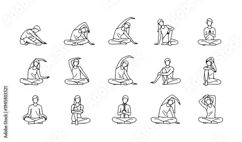 Line art people performing seated exercises and stretching poses minimalist fitness vector illustration set