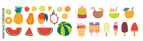 Tropical fruit, cocktail, ice cream, illustration isolated set. Seasonal food, drink, snack, summer holidays, vacations, tropical resort. Flat design element, clip art collection hand drawn vector