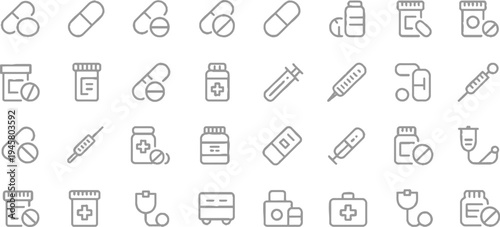 Collection of medical featuring pills syringes stethoscopes and medicine bottles in a clean outline style