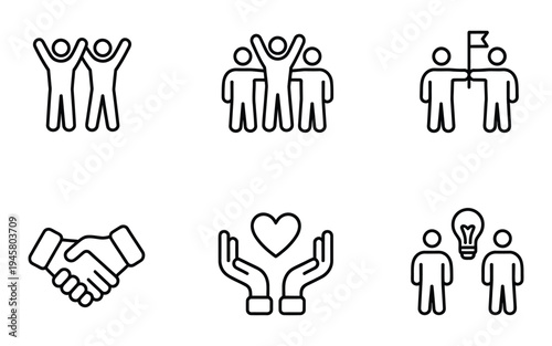 Line icons representing people and teamwork, minimalist vector illustrations depicting collaboration, group activities, partnerships, and team interaction for apps, websites, presentations, and 