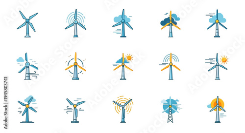 Aesthetic Vector Illustrations of Wind Turbines Depicting Renewable Energy Sources