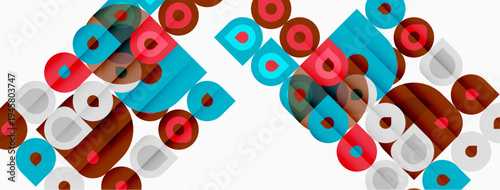 Abstract pattern features repeating squares, circles, rectangles. Colors include teal, brown, red. Design appears geometric, modern.