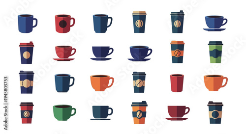 Assortment of Coffee Cups and To-Go Containers in a Simple Flat Design Style