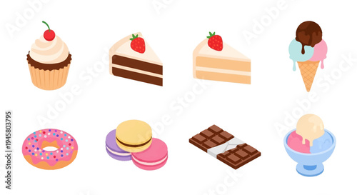 Assortment of Sweet Treats: Cupcake, Cake Slices, Ice Cream, Donuts, Macarons, Chocolate