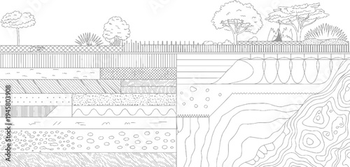 Cross section diagram of layered soil strata with surface vegetation and geological formations layers