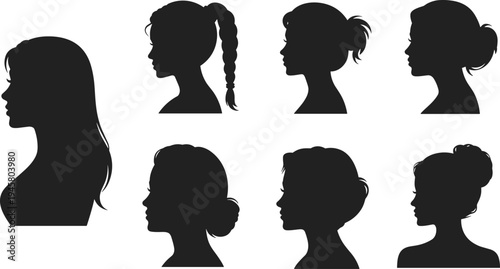 Set of female profile silhouettes with different hairstyles isolated on white background, beauty avatar collection, salon design element