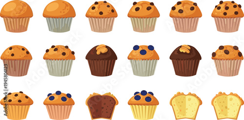 Muffin and Cupcake Bakery Illustration Set with Chocolate Chip Blueberry and Chocolate Cupcakes Sweet Dessert Collection