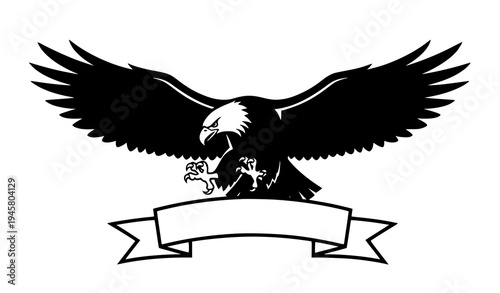 Flying eagle silhouette with spread wings and blank ribbon banner bold black bird emblem vector
