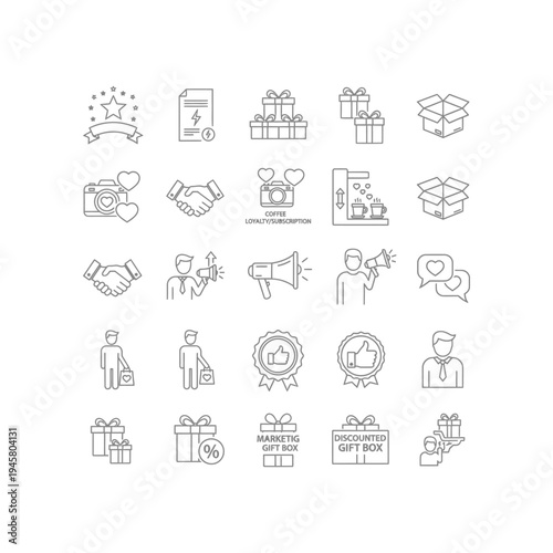A collection of black and white icons related to business and marketing